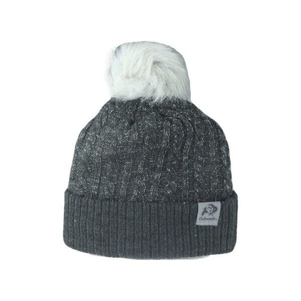 A gray knit cuffed beanie with a white pom on top. There is a lig gray tag on the front cuff with the CU Buffalo logo and "Colorado" printed in black. The hat has subtle silver thread knit into it.